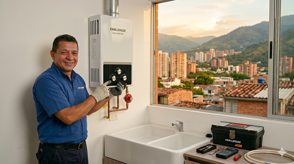 Técnico profesional revisando calentador de paso a gas en un hogar de Envigado
